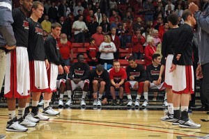 Tristan Jones, center, became an honorary member of the Drury Panthers basketball team this past winter.